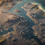 La carte immense de GTA 6 surprend les fans avec son échelle Generate a large, highly-detailed, and lifelike map of an expansive fictitious city, implemented in a hypothetical sixth version of a popular open-world video game series. The city should show diverse neighborhoods, different types of terrain, and transportation routes, impressing viewers with its sheer scale and complexity.