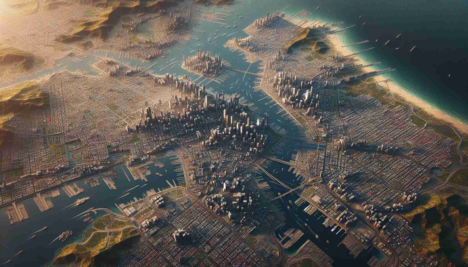 Generate a large, highly-detailed, and lifelike map of an expansive fictitious city, implemented in a hypothetical sixth version of a popular open-world video game series. The city should show diverse neighborhoods, different types of terrain, and transportation routes, impressing viewers with its sheer scale and complexity.
