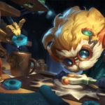 League of Legends champion Heimerdinger bends over a work station making a technology creation