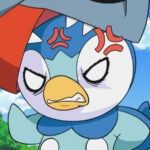 Angry Piplup with Gible biting its head in the Pokemon anime