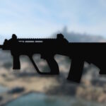 silhouette of stb 556 assault rifle with blurred al mazrah in background