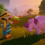 A Villager feeding a Pig in LEGO Fortnite.