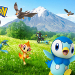 Pokémon species from the Sinnoh region running towards the screen in a field.