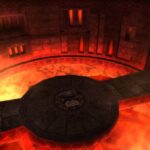 The internal bridge of Blackrock Depths in World of Warcraft shown as it hovers over the pit of lava in the central chamber of the BRD dungeon.
