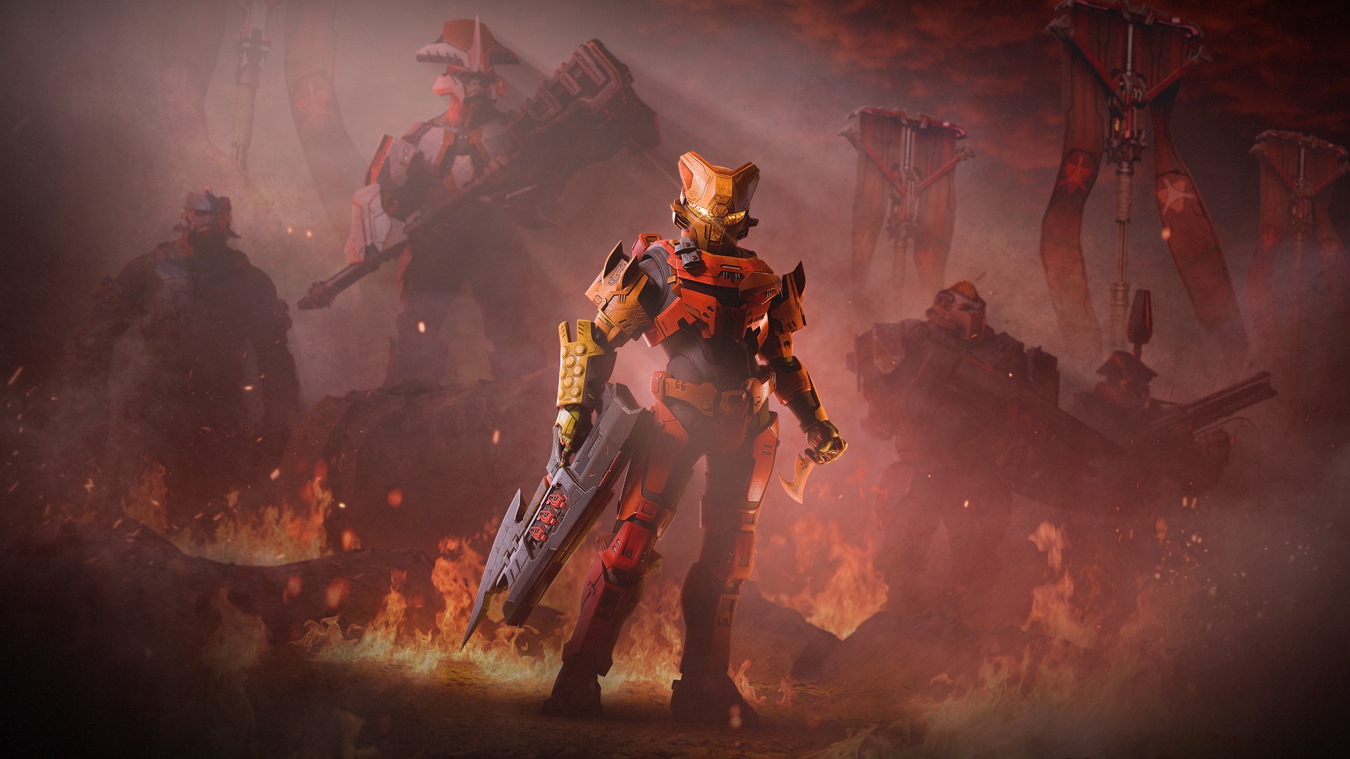 Halo Infinite key art for Operation: Banished Honor depicting a group of Jiralhanae surrounding a Banished Spartan