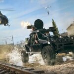 Vehicle driving in Warzone, with a chopper in the air behind it.