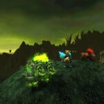 A WoW Hunter standing with two dogs -- one of which is a green core hound