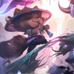 Spirit Blossom Teemo walks along a tall branch in purple and brown robes playing a wood pipe in League of Legends.