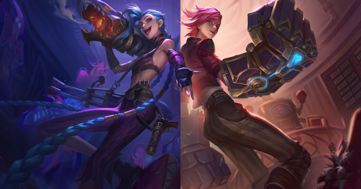 Key art from League of Legends featuring two women, Vi and Jinx, standing back to back with their signature weapons