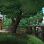 A woman in Scarlet Deer Inn walking along a bridge and sunny field, where a guard waits on the other side