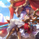 LoL : nerfs importants pour les champions AP dans le patch 14.21 Battle Queen Gwen sits atop a cushioned pedestal waving to her subjects. Her scissors rest across her lap. In the background is a large castle.