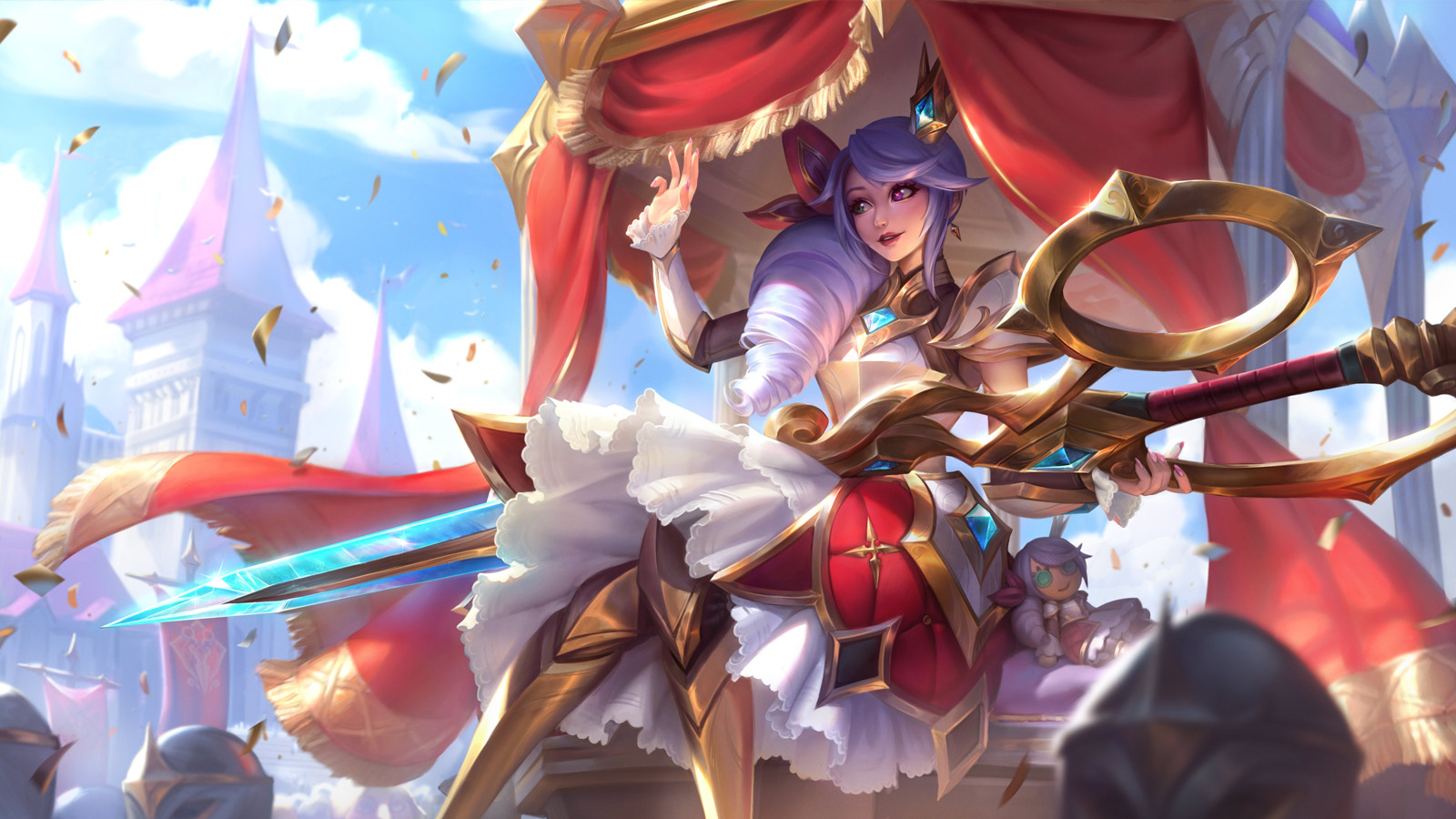 Battle Queen Gwen sits atop a cushioned pedestal waving to her subjects. Her scissors rest across her lap. In the background is a large castle.