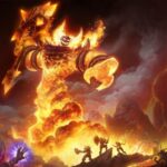 A fiery creature wielding a large hammer emerges from lava in a cavern, facing several armored figures casting spells.