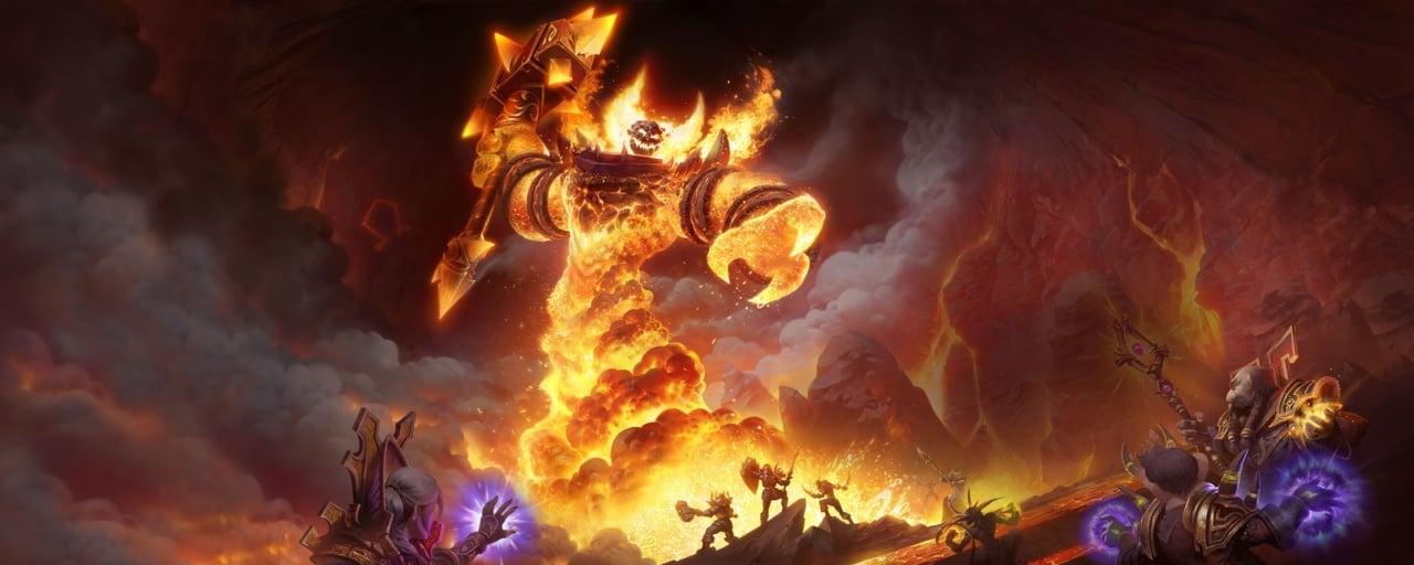 A fiery creature wielding a large hammer emerges from lava in a cavern, facing several armored figures casting spells.