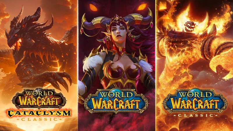 World of Warcraft Banner showing off the cover images of World of Warcraft Classic, Cataclysm Classic, and regular World of Warcraft