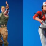 Two Fortnite characters performing Wanna See Me: a soldier striking a finger-gun pose and a paramedic dancing, set against a blue background.