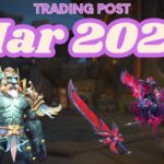 A look at some items in the March trading post. An earthen wears some butterfly themed shoulders and helmet, and some butterfly themed weapons and a mount