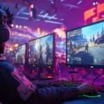 Meilleur joueur de Fortnite en 2025 : qui est-il ? A vibrant esports event featuring players focused on their monitors, immersed in Fortnite gameplay, with a lively audience in the background