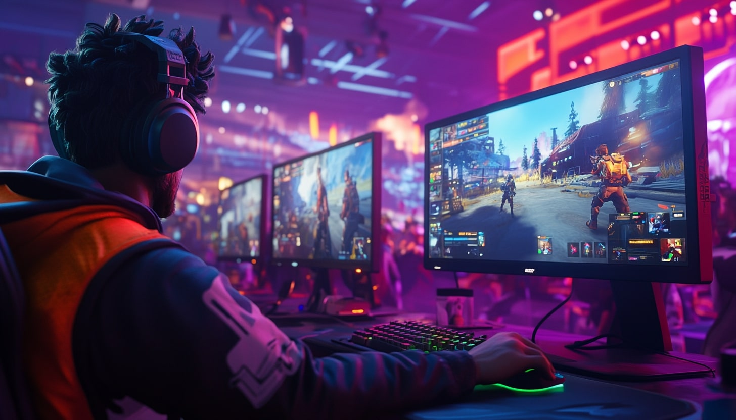 A vibrant esports event featuring players focused on their monitors, immersed in Fortnite gameplay, with a lively audience in the background