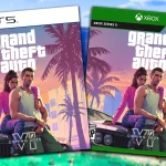 GTA 6 : Les précommandes imminentes font frémir une communauté impatiente. Two video game covers for Grand Theft Auto VI (GTA 6) are displayed side-by-side. The cover on the left is for PlayStation 5 (PS5). The cover on the right is for Xbox Series X. Both covers show the same artwork: two characters, a man and a woman, sitting on the hood of a car with a sunset, palm trees, and a cityscape in the background. The game's logo, "Grand Theft Auto VI", is prominently displayed on both covers. Both also include "Coming 2025". The background is the beach and skyline of Vice City.