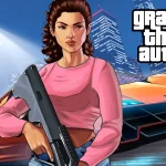 An animated character holds a rifle with a city skyline and a car in the background.