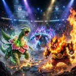Pokémon Champions : Date de sortie annoncée pour Switch et Switch 2, l'attente grandit ! Mega Meganium, Mega Emboar, and Mega Feraligatr in competitive battle arena for Pokémon Champions