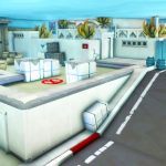 World of Warcraft : Un joueur recrée la carte Dust 2 de Counter-Strike, avec des matériaux inattendus. A screenshot of the Counter-Strike Dust 2 map made with World of Warcraft's player housing tools. A road leads upward toward a blue fence. A building with a red mark and crates on top is also in view.