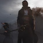 Hunger screenshot showing two characters standing under overcast skies, with melee weapons drawn