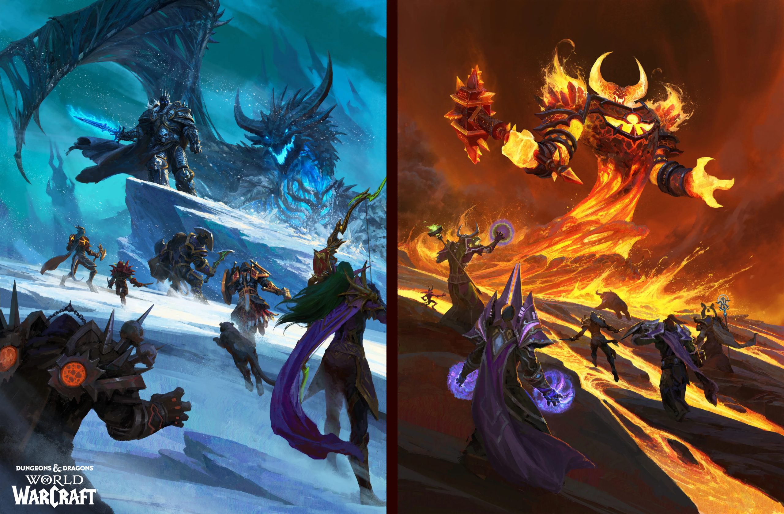 Art of World of Warcraft raid bosses, the Lich King on the left and Ragnaros on the right.