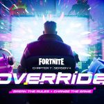 Fortnite Override : Accélération vers la nouvelle saison, les joueurs réagissent ! Key art of the protagonist of Fortnite using a computer, getting ready to for the Override event. Background elements feature cameos of SEGA's Sonic and Atlus' Morgana.