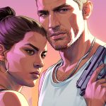 GTA 6 weapons: Artwork of Lucia leaning against Jason, holding a Nipper 38 pistol against his chest.