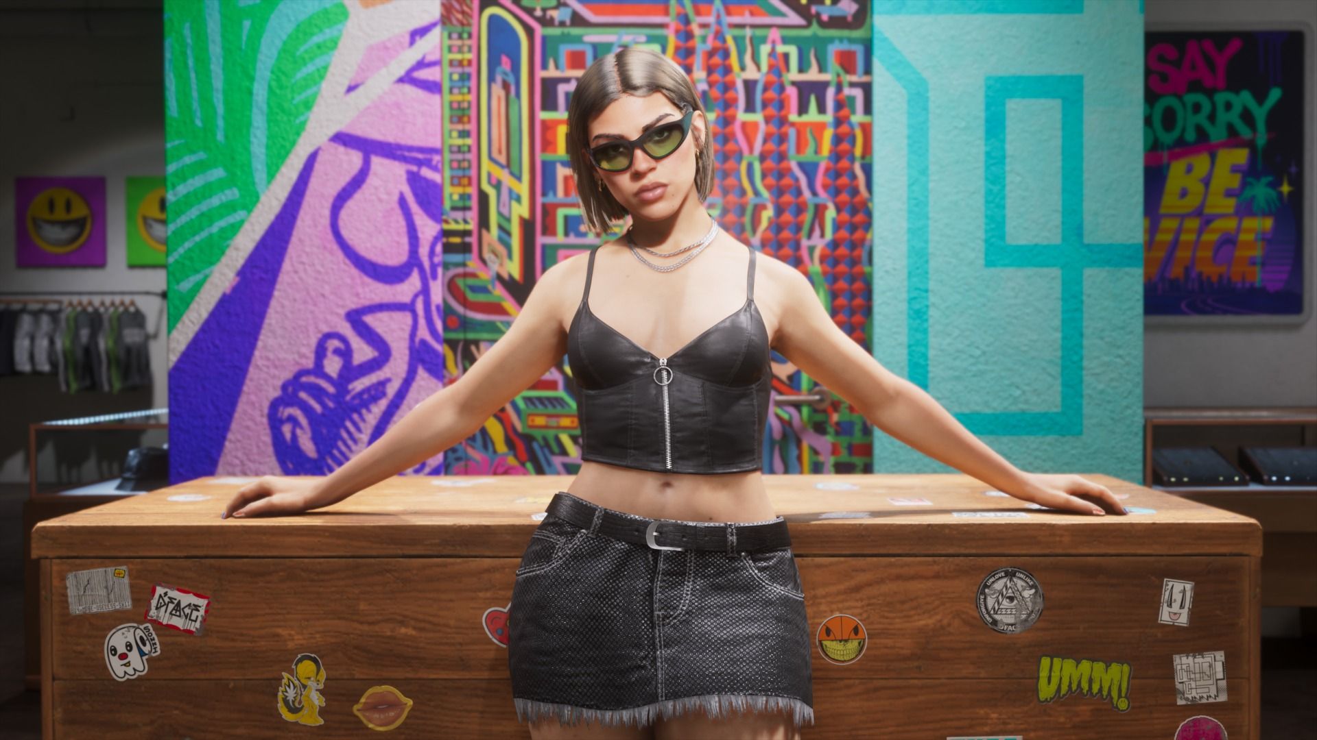 GTA 6 character poses wearing sunglasses and jean skirt