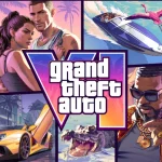 Collage of illustrated characters, cars, boats, a helicopter, and the Grand Theft Auto V logo in the center, with a vibrant, action-themed background.