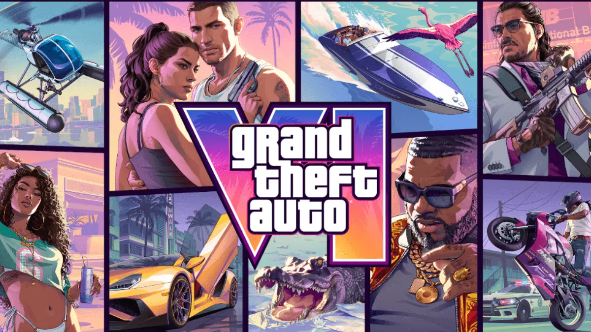 Collage of illustrated characters, cars, boats, a helicopter, and the Grand Theft Auto V logo in the center, with a vibrant, action-themed background.