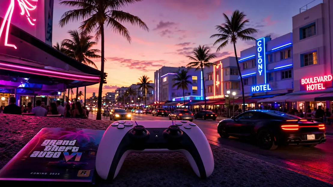 Miami Beach skyline glows at dusk above Ocean Drive.