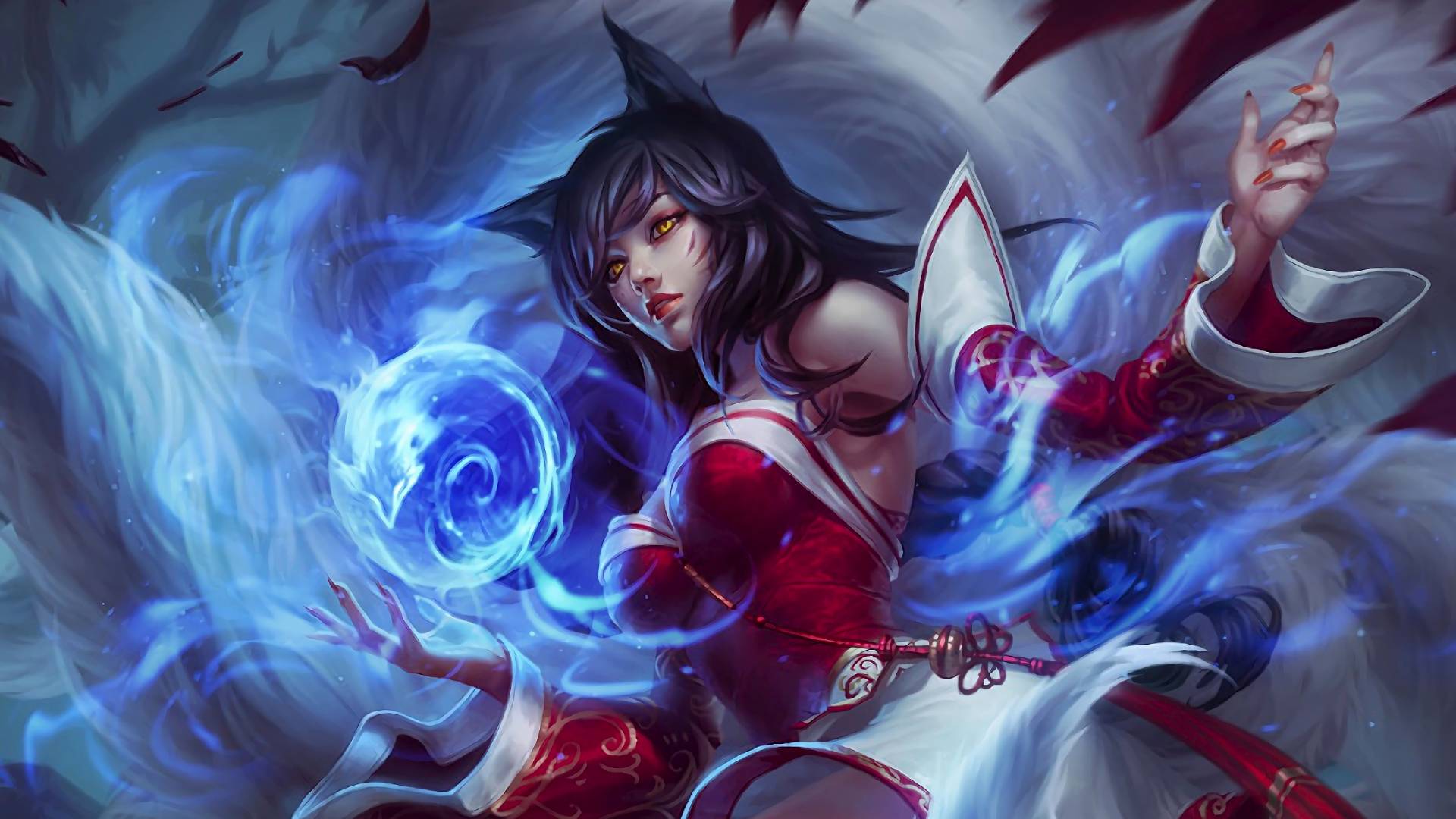 Legends never die: League of Legends in 2026: An image of Ahri from League of Legends, a fox girl with dark hair and a red and white bodice casting a sphere of blue energy