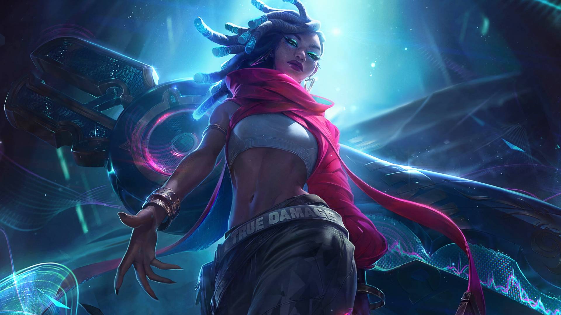 True Damage returns for 2026's League of Legends Worlds anthem, and I'm very OK with it: An image of True Damage Senna, a Black woman wearing a pink scarf, white tube top, and black trousers with a True Damage belt standing on front of a huge gun