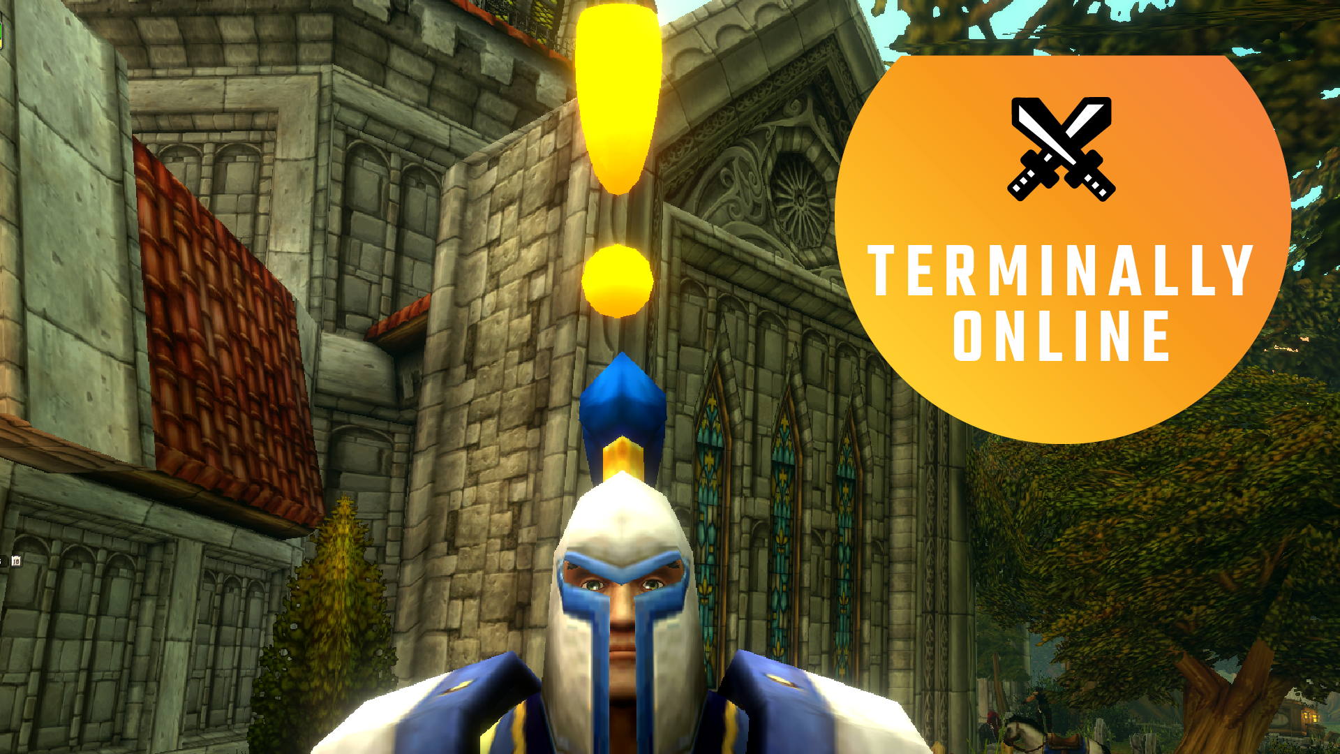 A guard in World of Warcraft has a quest, with a giant floating exclamation mark over his head.