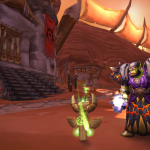 An orc in purple robes stands beside a glowing totem on a street in Orgrimmar