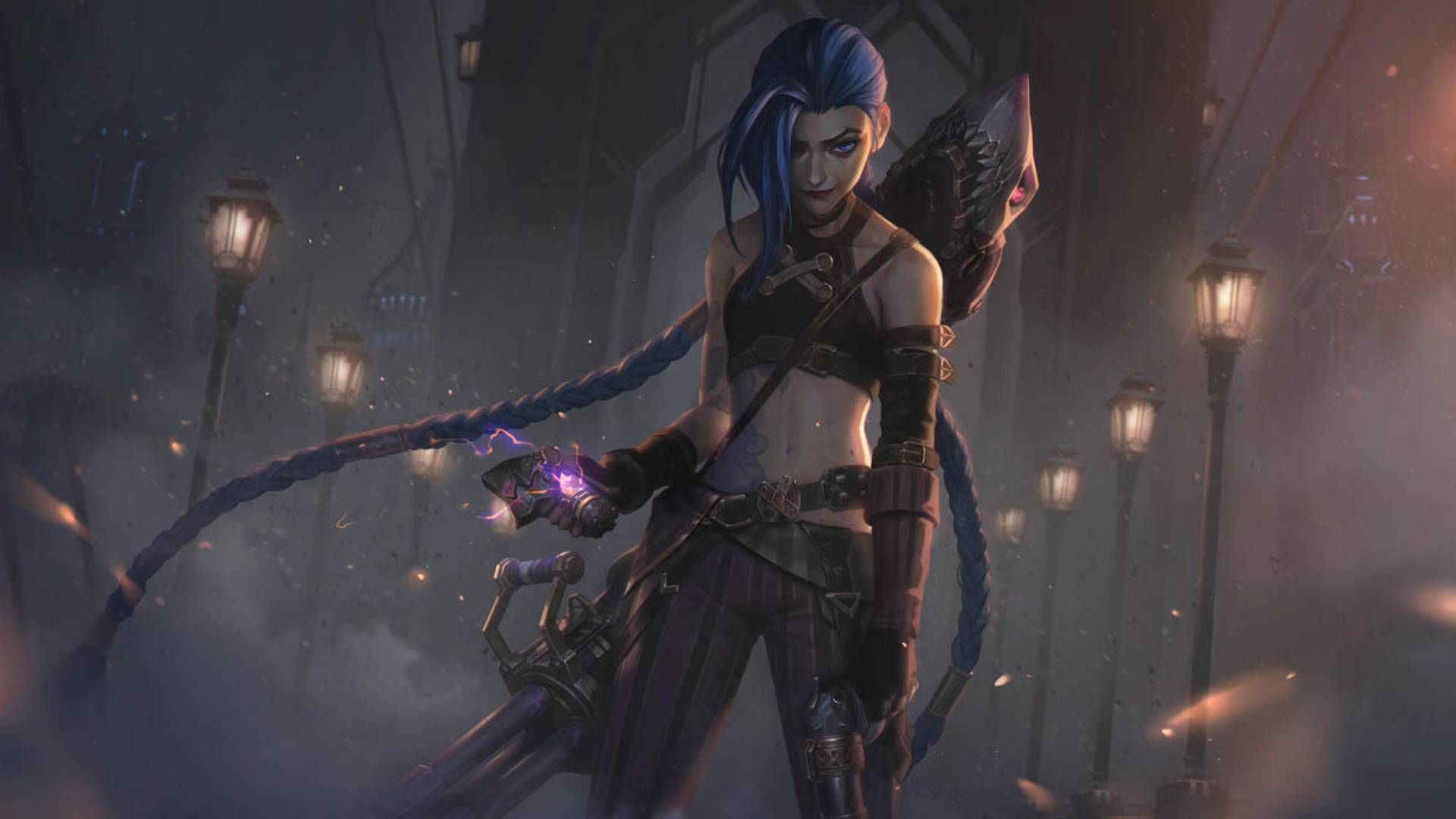 Official art for the League of Legends Arcane Enemy Jinx skin has been brightened, showing a woman with long blue hair in braids holding an explosive device.