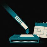 Illustration of a cartridge silhouette with a download bar and calendar block, in the site's flat screen-print style