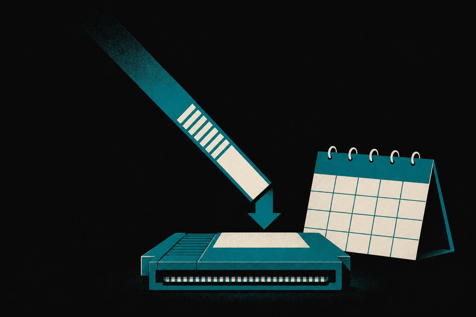 Illustration of a cartridge silhouette with a download bar and calendar block, in the site's flat screen-print style