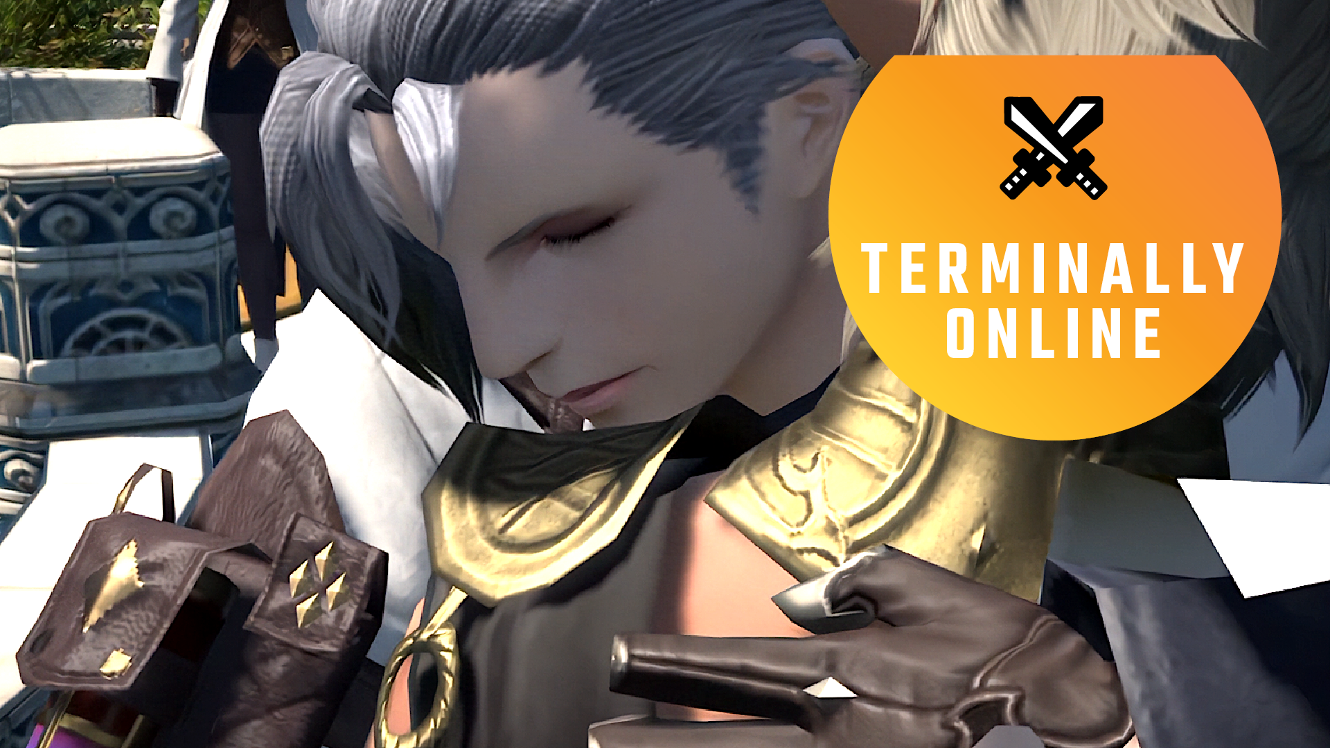 A roegadyn woman hugs Urianger in Final Fantasy 14, with the Terminally Online (PC Gamer's MMO column) logo placed atop it.