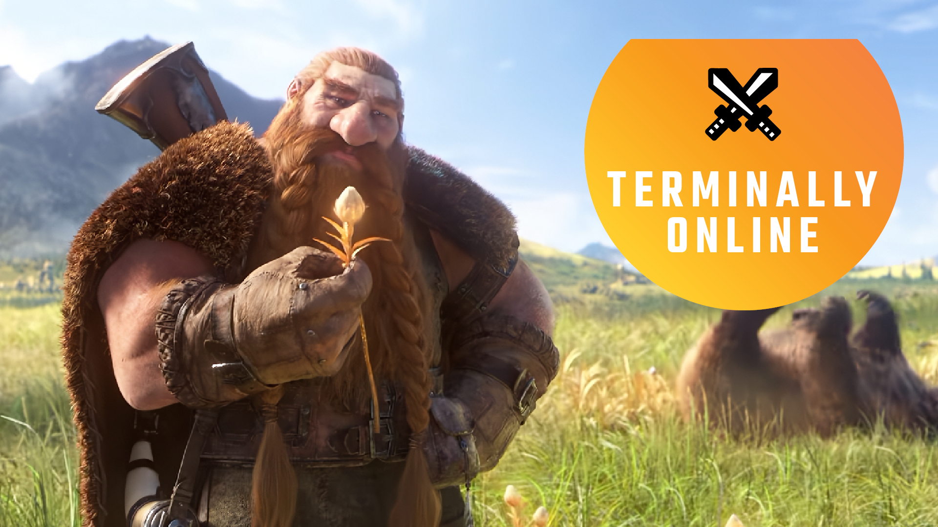 A flipped image of the dwarf in World of Warcraft: Forever's cinematic trailer, smelling a flower.