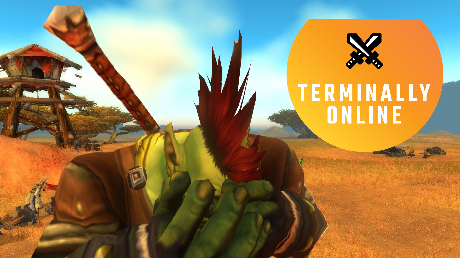 An orc crying in front of The Barrens in World of Warcraft.
